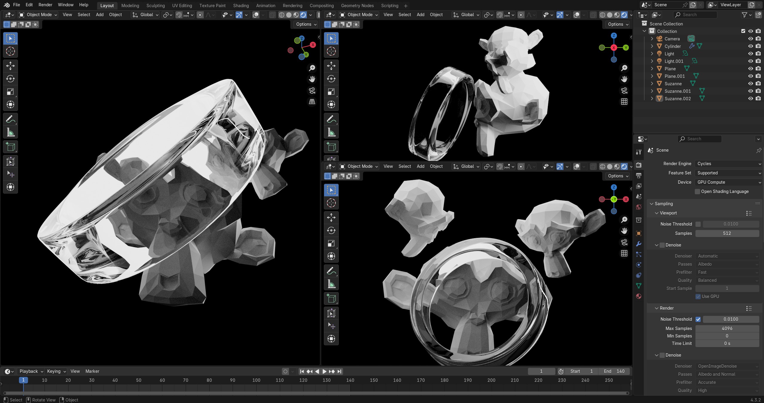 A split-screen view of Blender's 3D viewport showing different camera angles and rotation controls in action, demonstrating the power of proper camera navigation.