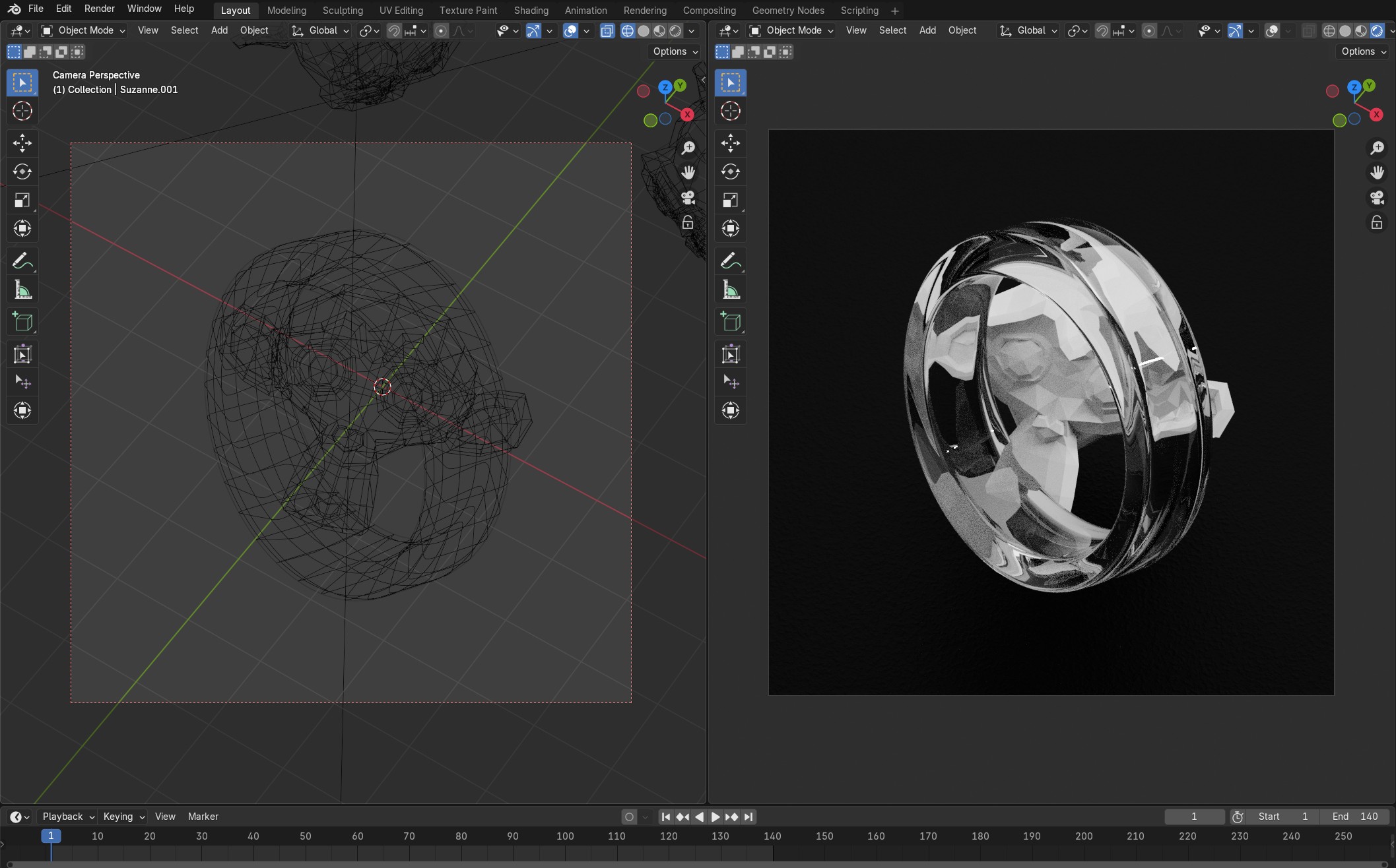 A Blender viewport in camera view showing the red border that indicates the render frame, with annotations pointing out key interface elements.