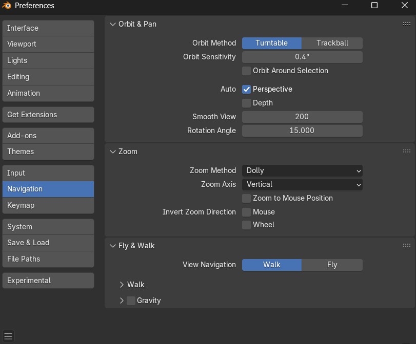 The Blender preferences window showing navigation settings including orbit method, zoom behavior, and sensitivity controls.