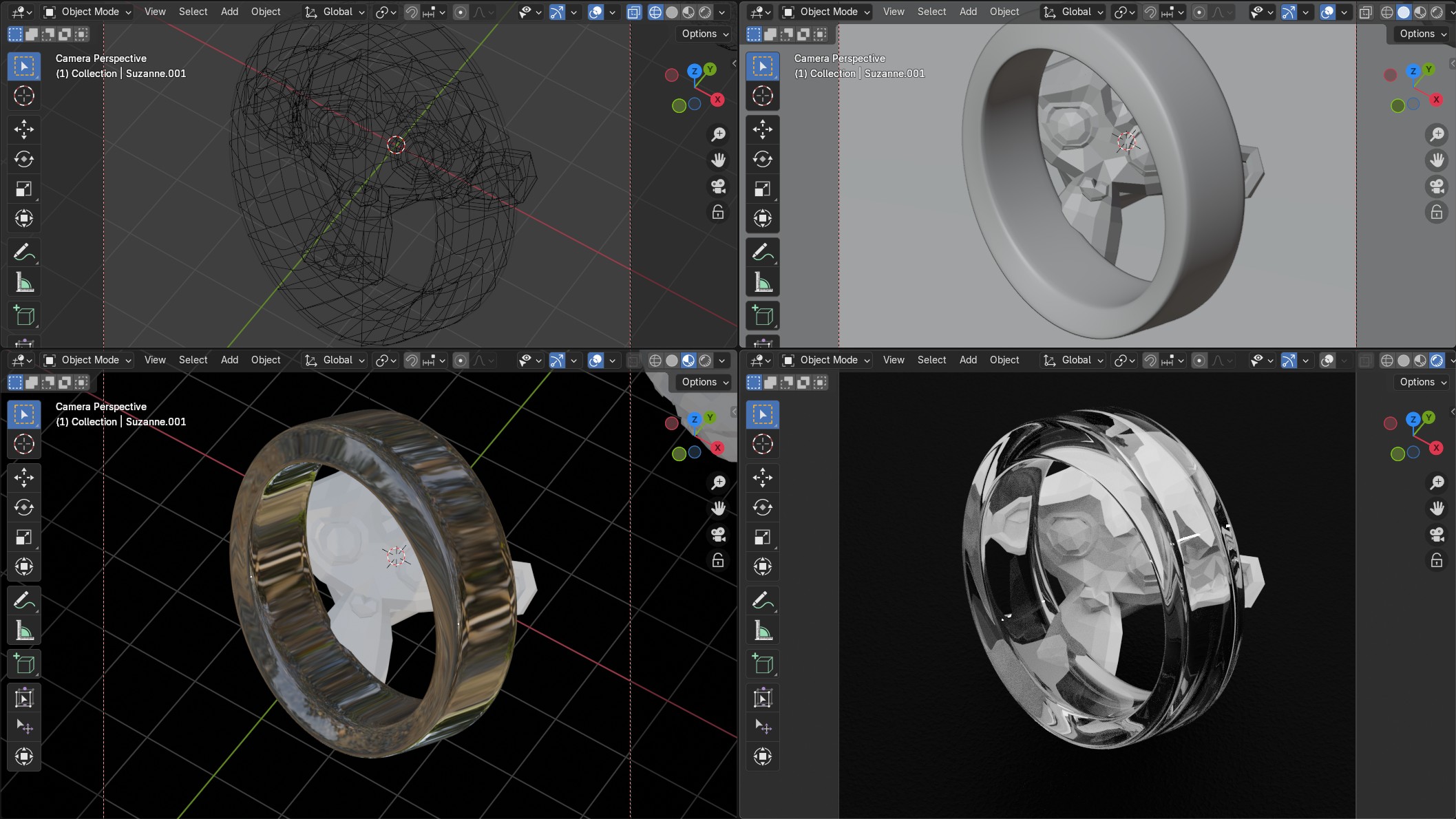 A four-panel comparison showing the same object in wireframe, solid, material preview, and rendered viewport shading modes.