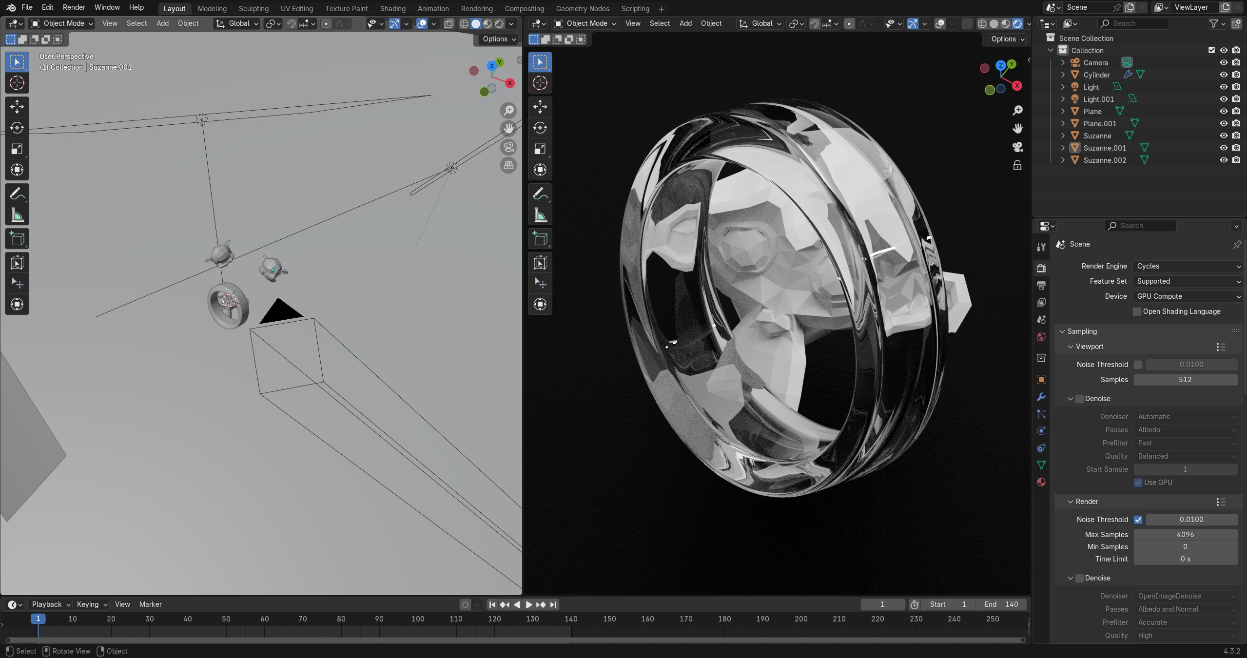 A Blender viewport showing both the wireframe scene camera object and demonstrating the difference between viewport navigation and actual camera positioning.