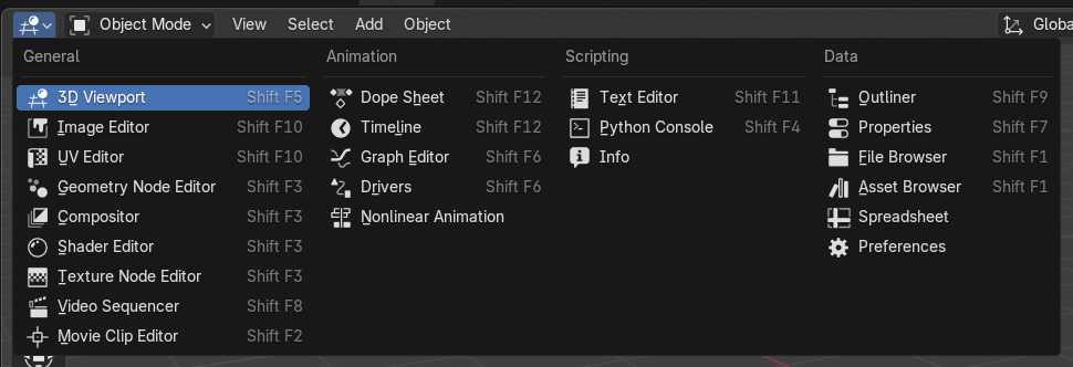Blender editor type dropdown menu showing various editor options like 3D Viewport, Image Editor, and Shader Editor.
