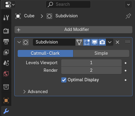 Blender Modifier Properties tab showing a Subdivision Surface modifier added to a cube.