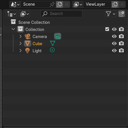Blender Outliner showing scene hierarchy and object toggles for visibility and rendering.