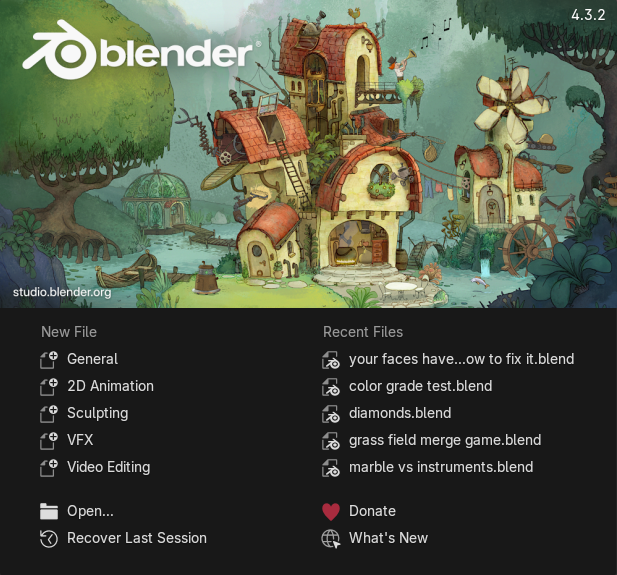 Blender Splash Screen showing version and quick setup options