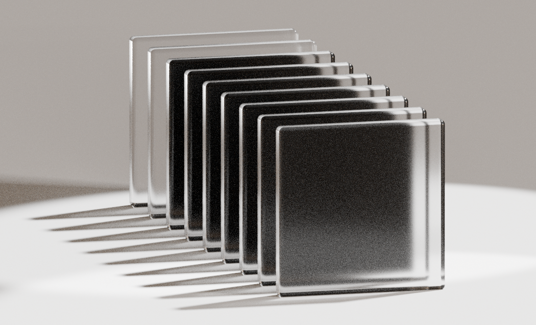 Render of multiple glass panes showing incorrect light transmission and shadows due to insufficient bounces.