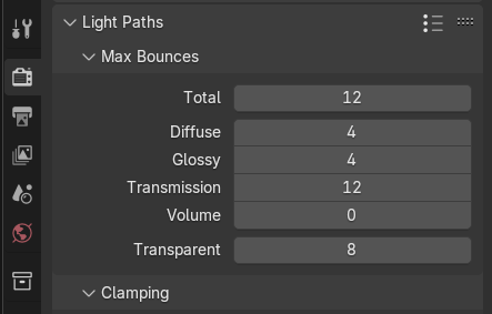 Blender Light Paths panel showing default Max Bounces settings.