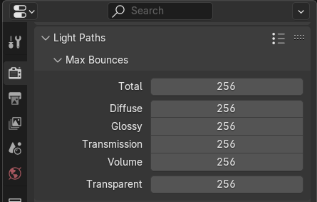 Example of extremely high Light Path bounce settings in Blender.