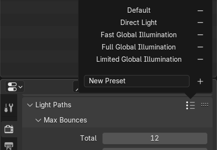 Blender Light Path presets menu showing options like Default, Direct Light, and Full Global Illumination.