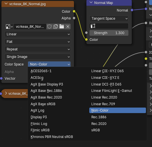 The Blender Shader Editor showing the Image Texture node with the Color Space dropdown menu open, highlighting the 'Non-Color' option that must be selected for Normal Maps.