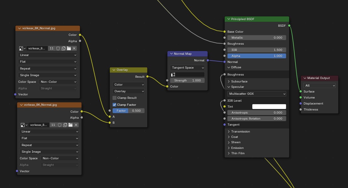 A node setup showing two Normal Maps being combined using a MixRGB node in Overlay mode, demonstrating how to layer surface details effectively.
