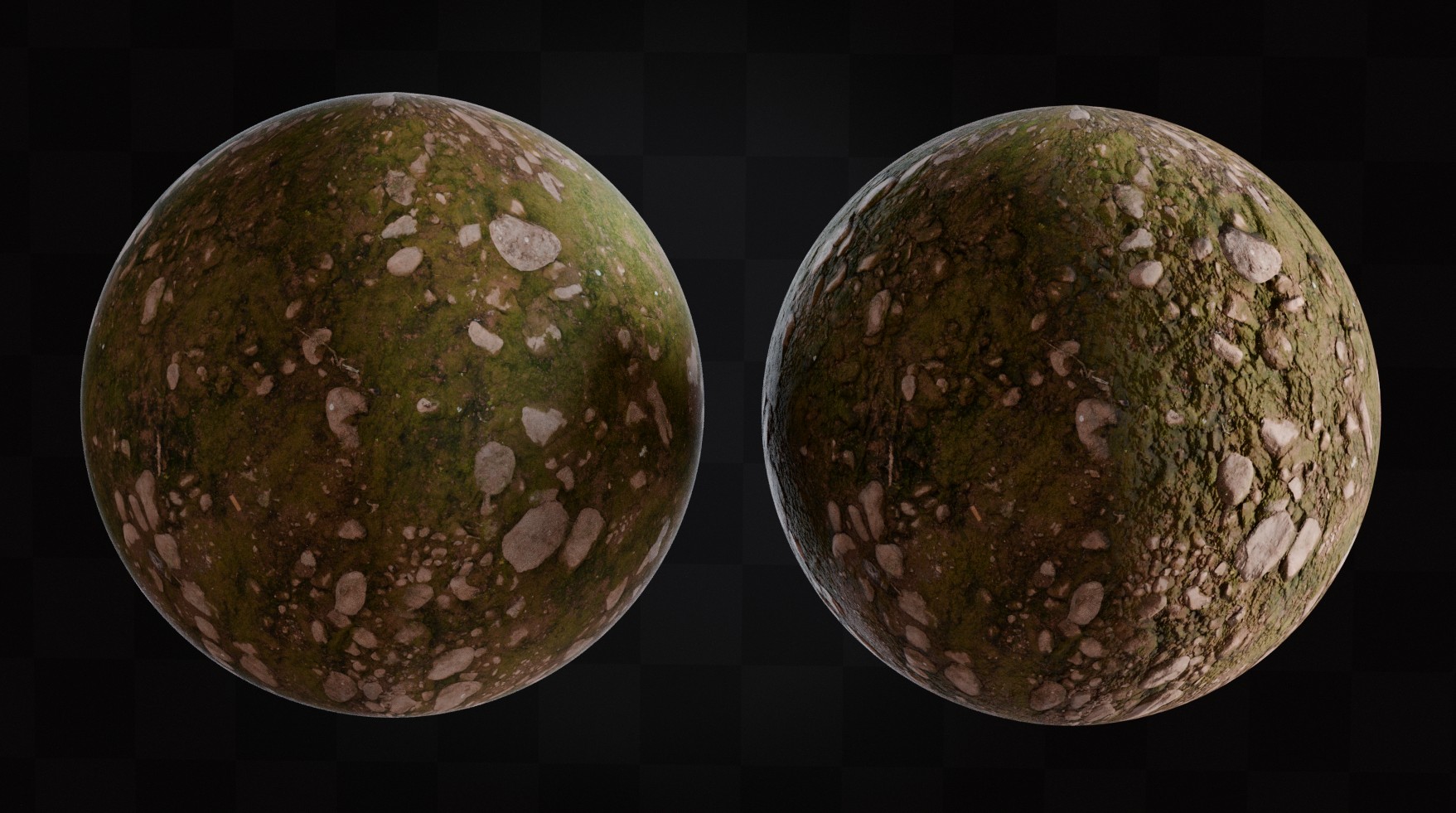 A dramatic side-by-side comparison showing two identical spheres in Blender - one smooth and flat, the other with incredibly detailed rocky surface created using Normal Maps, demonstrating the transformative power of this technique.