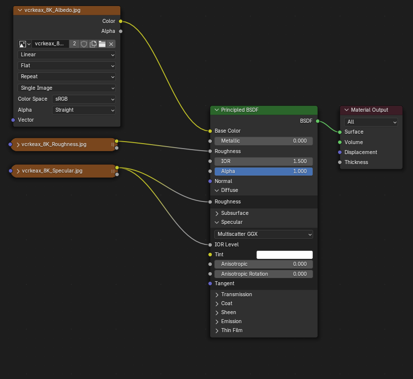 A well-organized PBR material setup with proper node grouping, clear connections, and optimal layout for professional workflows.