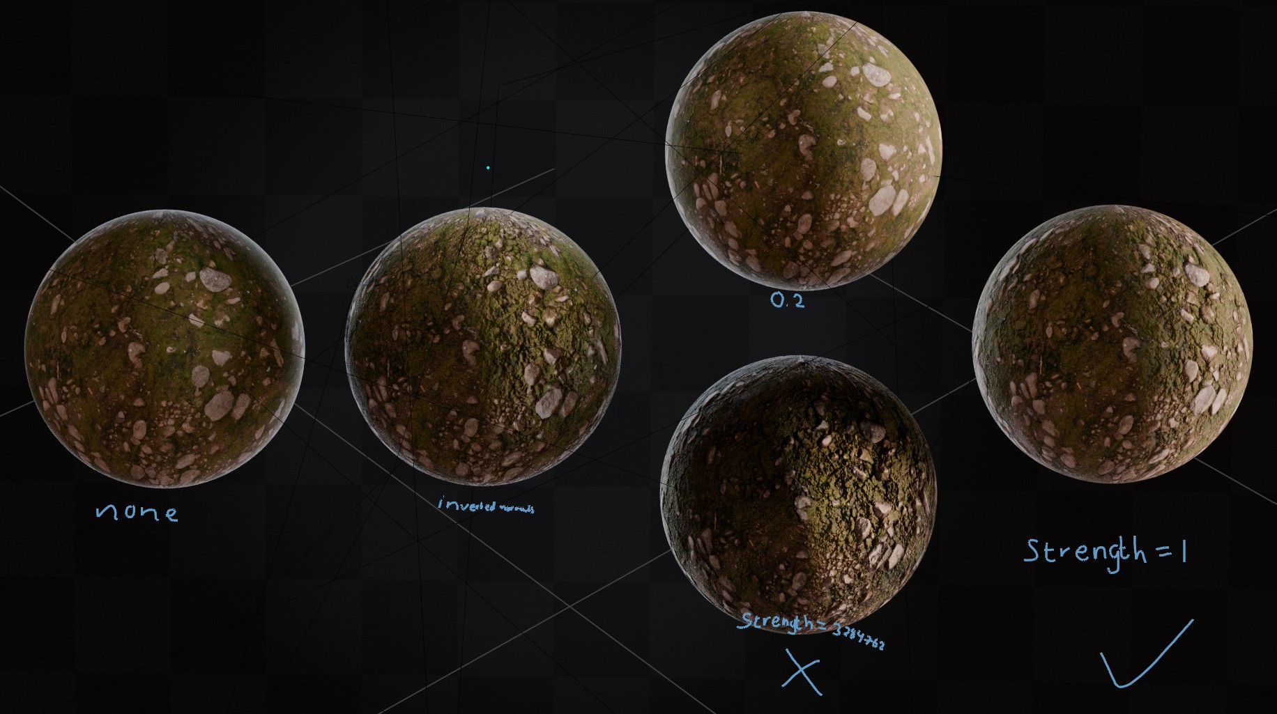 A comparison grid showing common Normal Map issues: no effect, inverted normals, too weak, too strong, and the correct result.